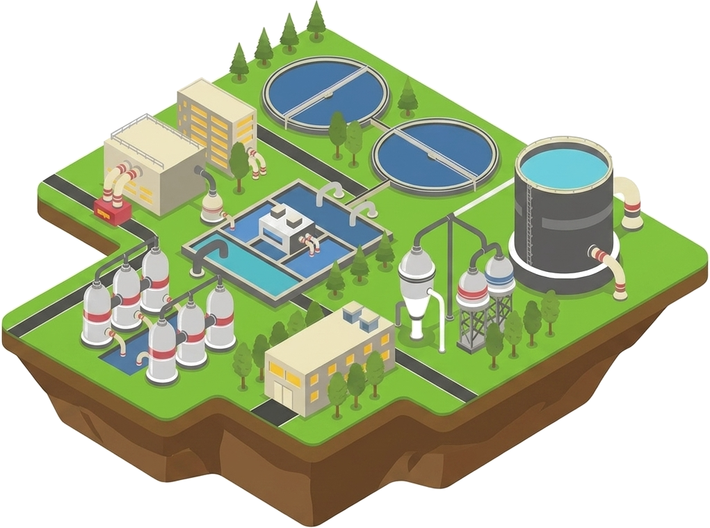Planta de tratamiento de aguas residuales, vista isométrica